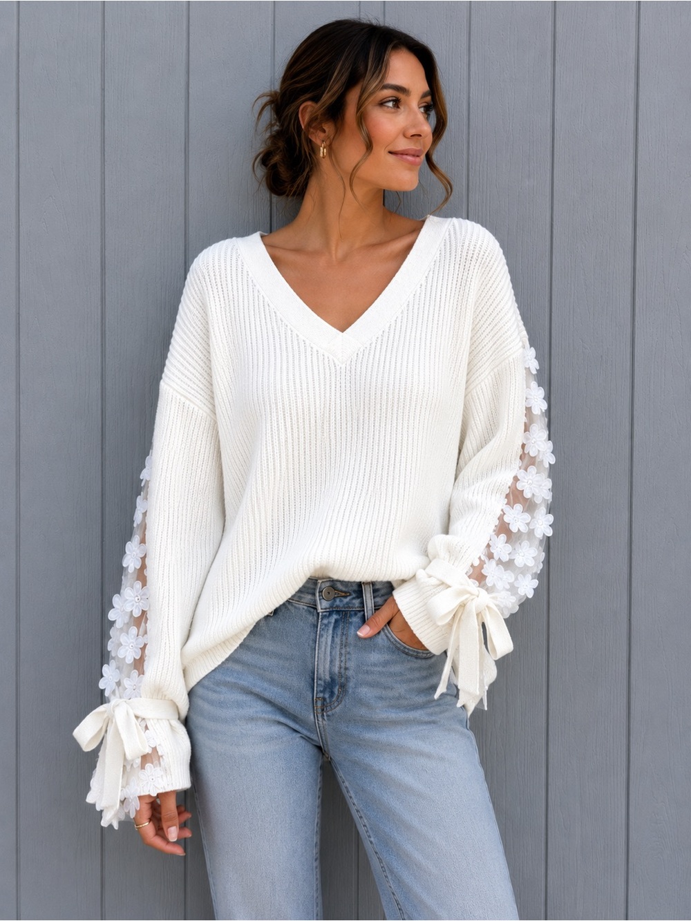 CeCe White V-Neck Sweater with Floral Lace Tie Sleeves Excellent Condition L